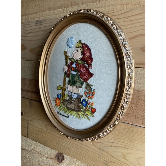 Framed Cross-stitch Cottage Core Hummel Large 12x9.5" Nursey Child Flower Nature - Picture 2 of 3